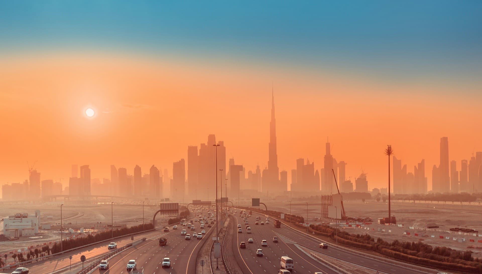Downtown Dubai skyline at blue hour
